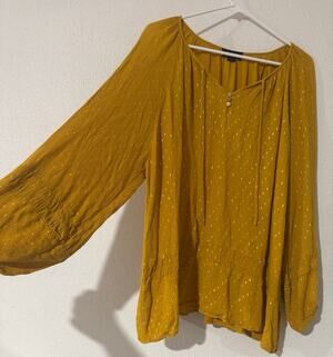Belldini Plus Size 3X Mustard Yellow Crinkle Metallic Fleck Boho Blouse